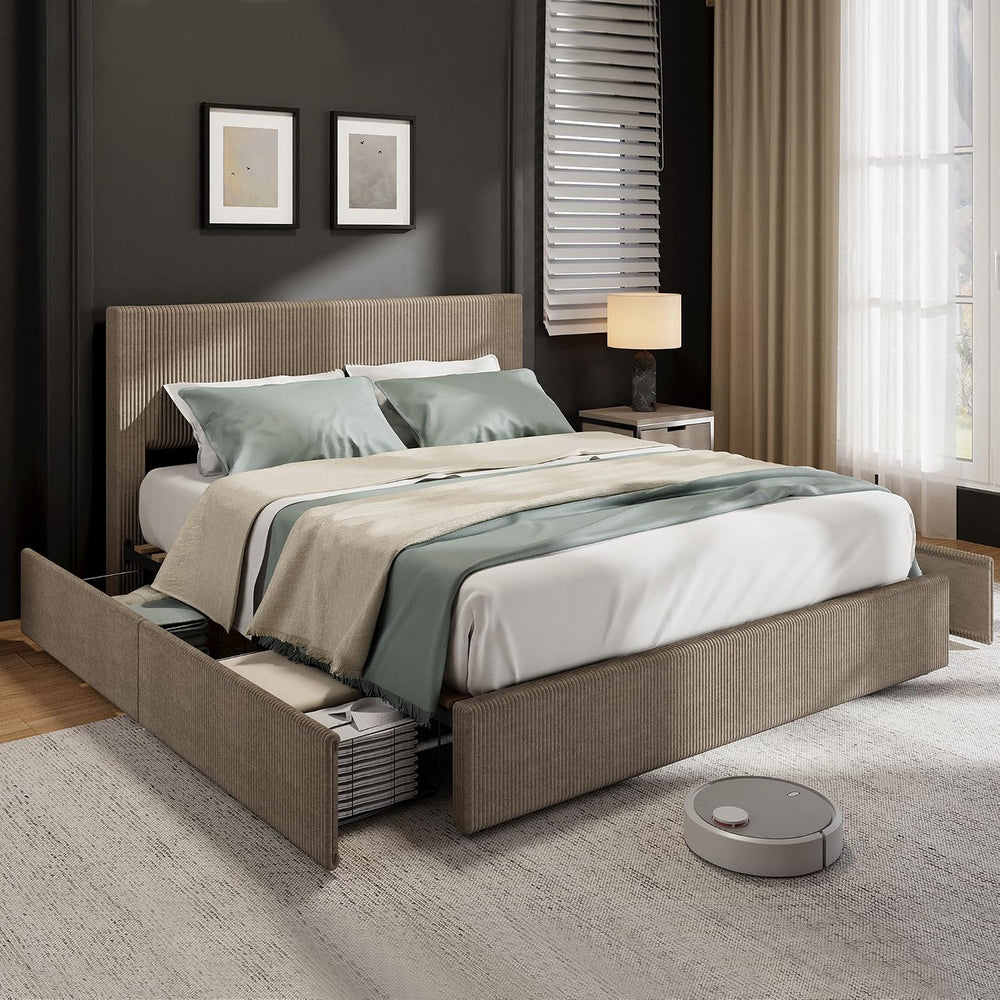Garvee Corduroy Bed Frame with Headboard, Platform Upholstered Queen Bed Fram...