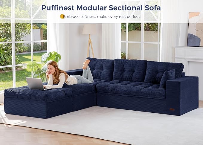 MAXYOYO 104" U Shaped Modular Sectional Sofa with 2 Ottomans, Cloud Boneless Couch with Layered Cushion, Flexible Module Combination Sofa for Living Room, No Assembly Required, Navy