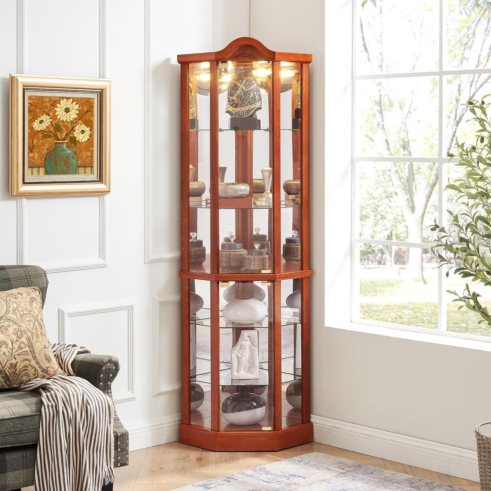 Classical Glass Cabinet Lighted, Wine Cabinet with Adjustable Glass Shelves, ...
