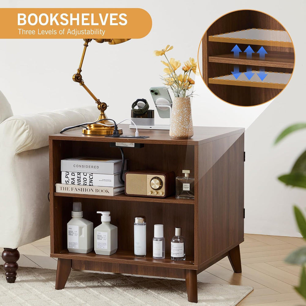 Fluted End Table with Charging Station, 2 Door Side Table with Storage, Mid C...
