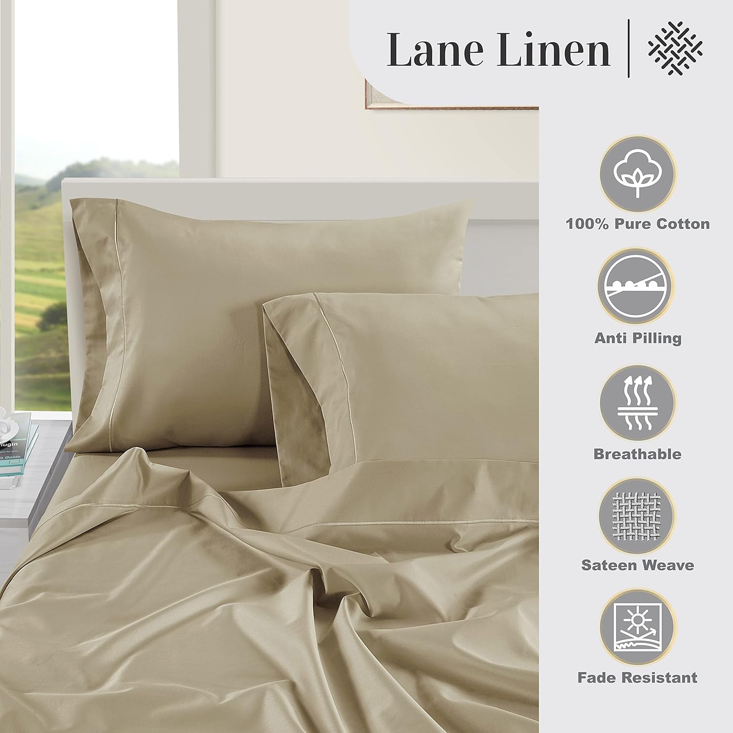 LANE LINEN Pillow Case Covers King Set of 2 100% Egyptian Cotton Sateen Soft Cool & Smooth 1000 Thread Count Cases - Linen