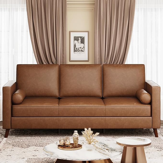 GAOMON 81" Leather Couch for Living Room, Mid Century Modern 3-Seater Sofa with Deep Seat, Faux Leather Sofa for Apartment, Home Office, Brown