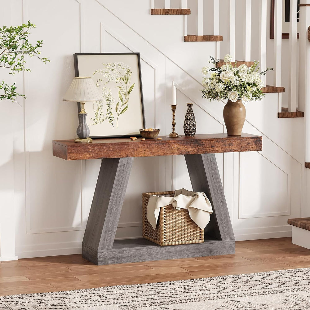 55in Farmhouse Console Table - 2-Tier Wooden Trapezium Sofa Table - Skinny En...