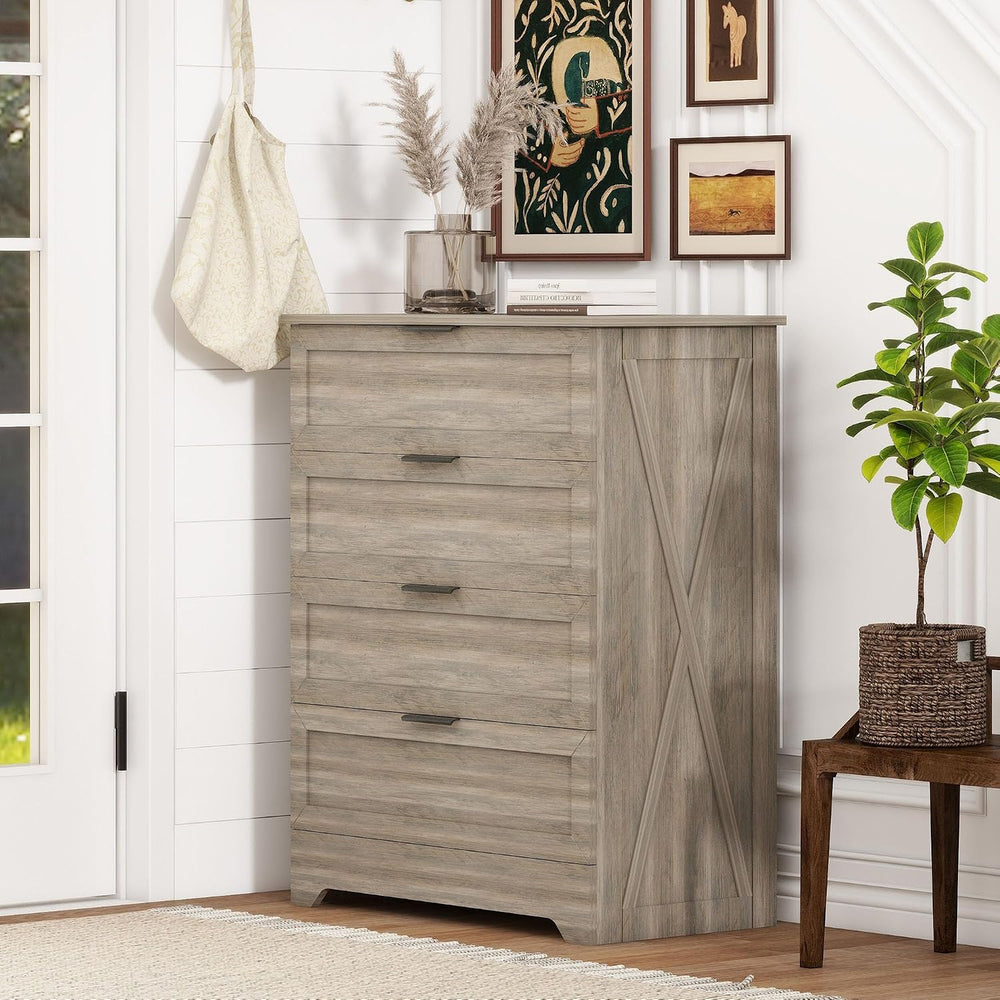 Farmhouse 4 Drawer Dresser for Bedroom, Tall Bedroom Dresser, Rustic Gray