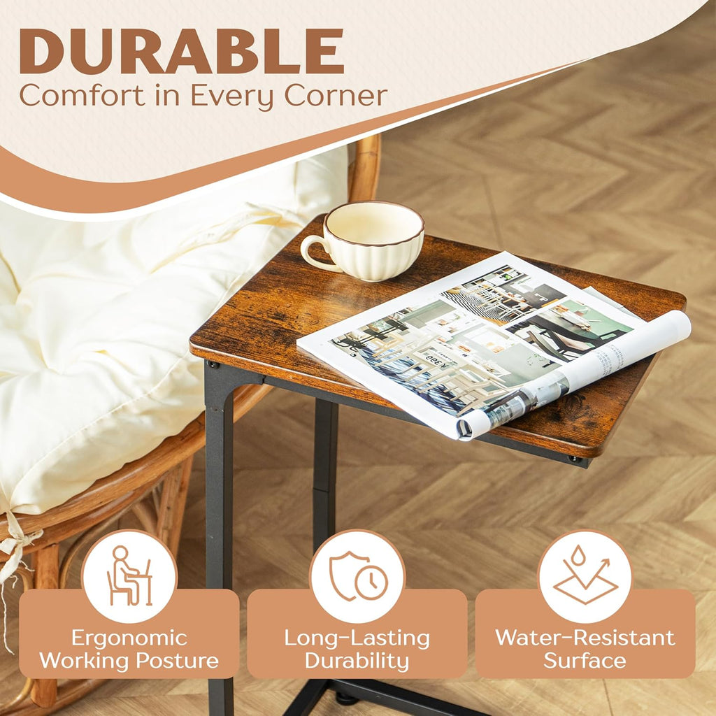 Aliha C Shaped End Table | C Table for Sofa with Rounded Corners | Slide Under Couch Side Table | Wood Top Metal Frame | Living Room Bedroom Bedside |