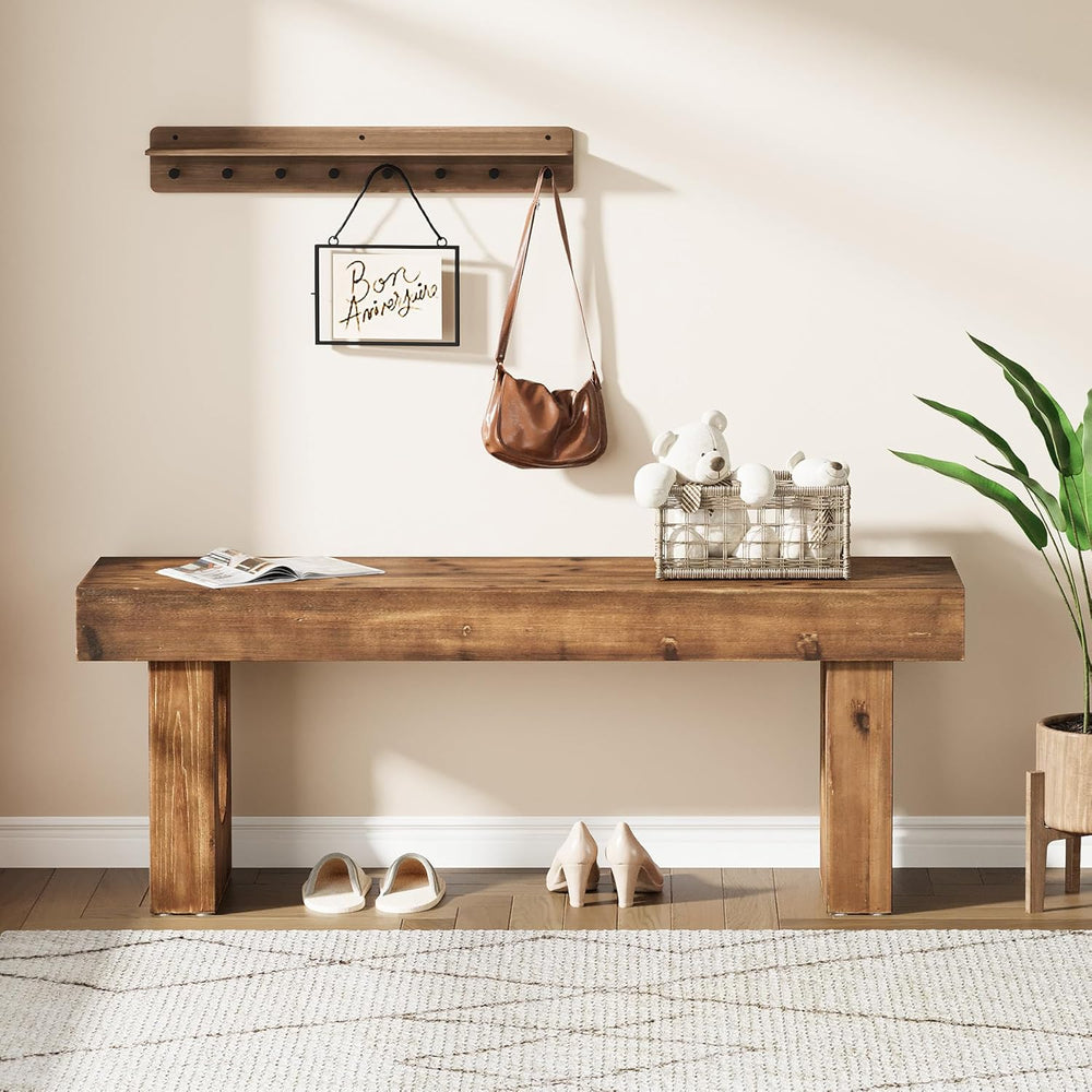 Solid Wood Shoe Bench, 47" Long Farmhouse Entryway Bench with Sturdy Leg...