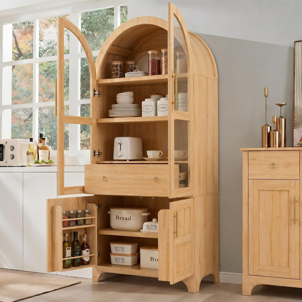 SOFTSEA Arched Kitchen Pantry Cabinet, with Hidden Drawer & Glass Door, 7...