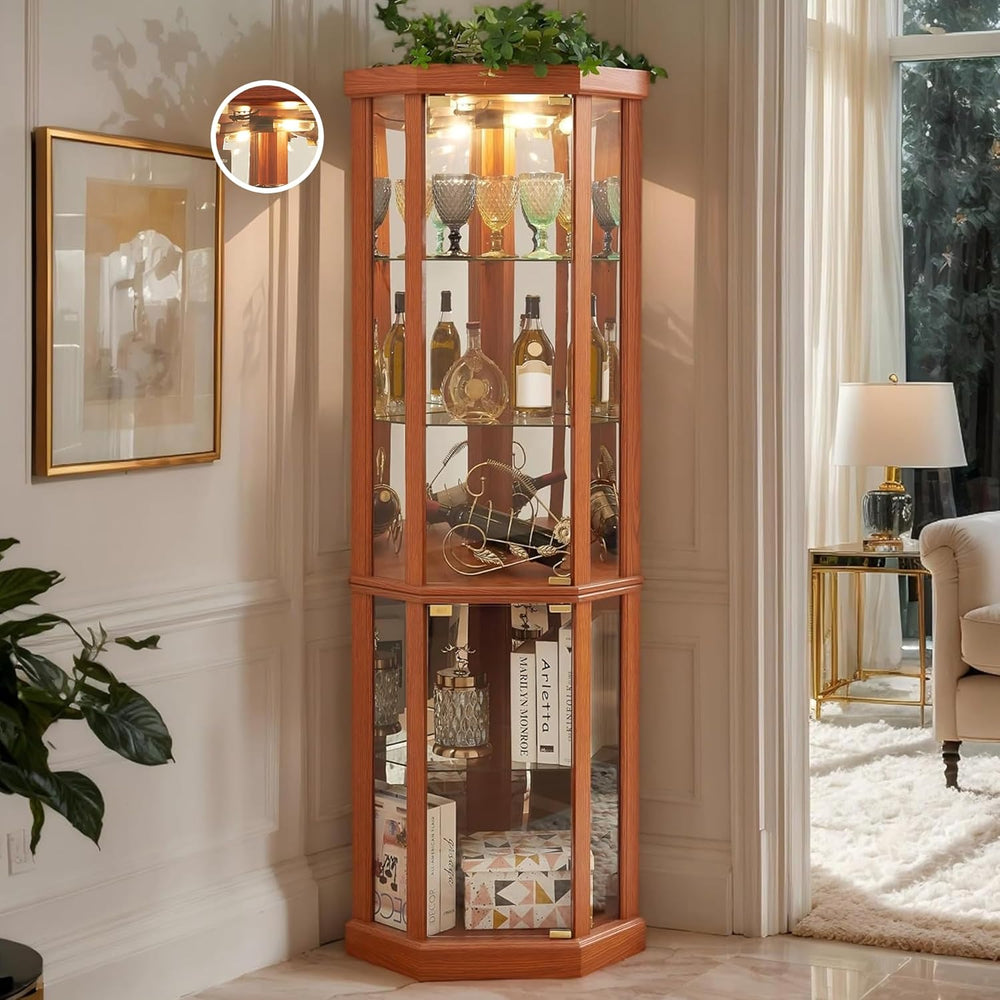 70" H Lighted Corner Curio Cabinet, Glass Display Cage with Tempered Gla...