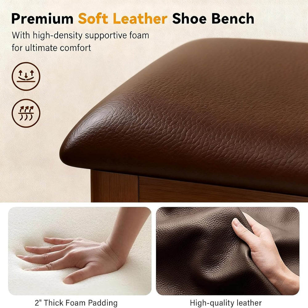 Shoe Bench Storage with Leather Cushion, Rustic Solid Wood Entryway Bench wit...