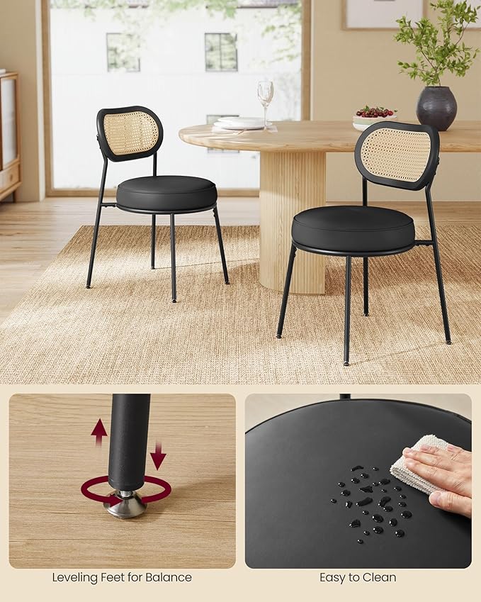 VASAGLE Dining Chairs, Set of 6 Accent Chair for Dining Room Kitchen, with Boho PE Rattan Back, Synthetic Leather Upholstery, Ink Black ULDC160B26