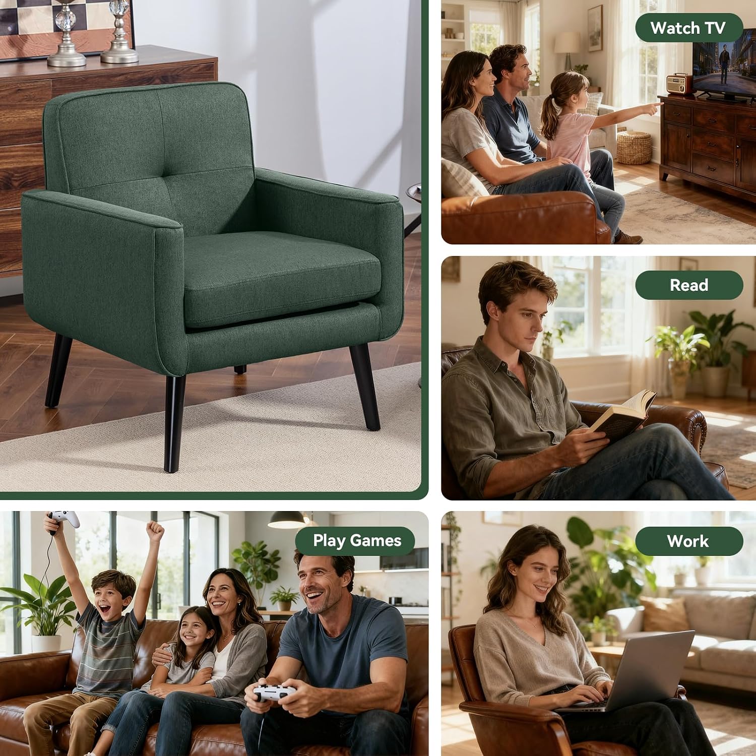 Mid Century Modern Accent Chair, Fabric Reading Armchair, Green | 300LBS Capacity, Padded Seat, Stain-Resistant Fabric, Sturdy Wood Frame, Easy Assembly, Ideal for Living Room & Bedroom