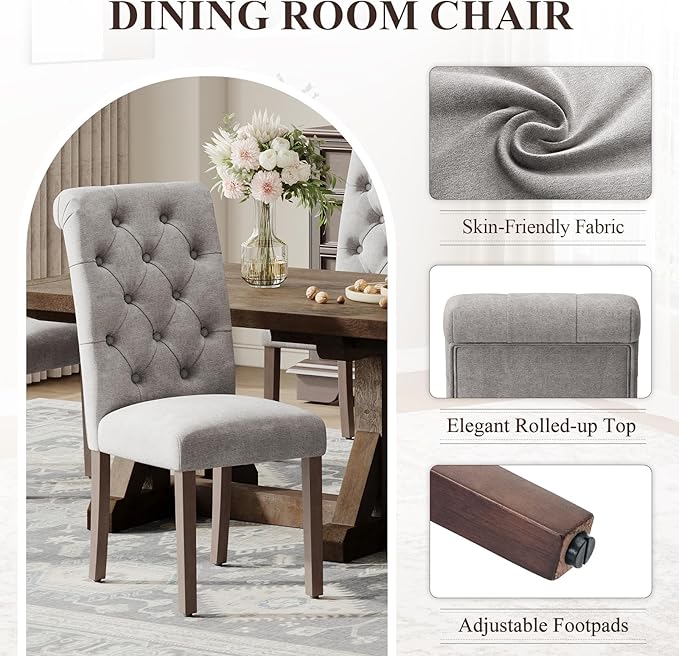 Upholstered Tufted Dining Room Chairs Set of 2, Parsons Kitchen Chairs with Padded Seat and Solid Wood Legs, Fabric Accent Side Diner Chair for Dining Room/Kitchen/Living Room, Light Grey