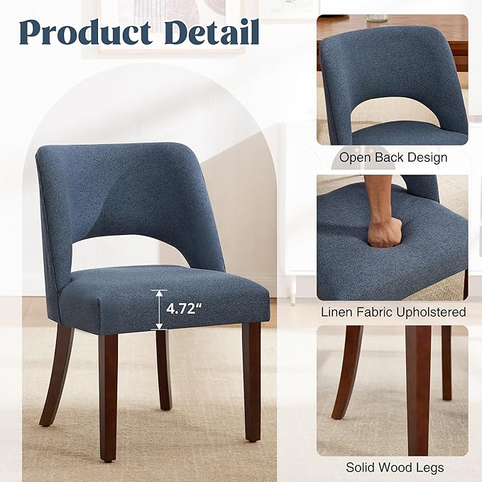 Dining Chairs Set of 2,Modern Dining Room Chairs with Thick Cushions,Upholstered Linen Fabric Kitchen Chairs for Kitchen Dining Room DARKBLUE
