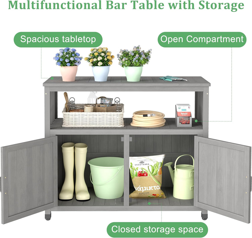 Outdoor Potting Bench with Storage Cabinet and Metal Top, Wood Workstation for Outdoor Patio, Garden (Grey, 42×18×37")