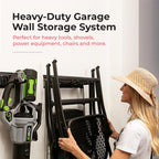 TIDYME Heavy-Duty Garage Wall Storage System | Wall Mounted Tool Organizer Rack with Shelving | 10-Piece Mounting Kit | Includes 4x10” Double-Layered Hooks & 2x16.5” Floating Utility Shelves