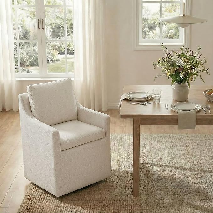 Upholstered Dining Chairs Set of 1, Modern Dining Room Chairs with Casters & Washable Cover, Rolling Accent Chair with Hidden Storage for Kitchen, Farmhouse, Living Room, Beige, 1 Box