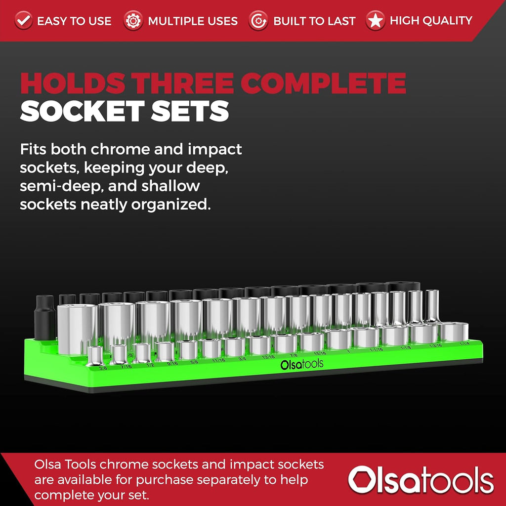 Olsa Tools Magnetic Socket Organizer - 1/2-Inch Drive, 3 Row - Holds 45 Sockets - SAE Green, Professional Grade - Part: 1549