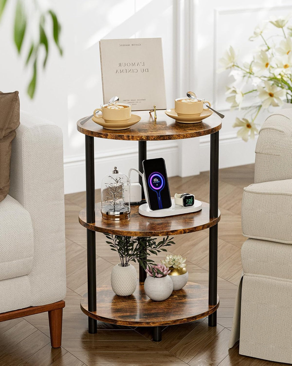 Small Round Side Table - 3-Tier Oval Accent Table for Small Spaces, Rustic Wood and Metal Nightstand for Living Room or Bedroom, with Built-in USB Ports and Power Outlet, Rustic Brown