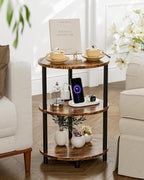 Small Round Side Table - 3-Tier Oval Accent Table for Small Spaces, Rustic Wood and Metal Nightstand for Living Room or Bedroom, with Built-in USB Ports and Power Outlet, Rustic Brown