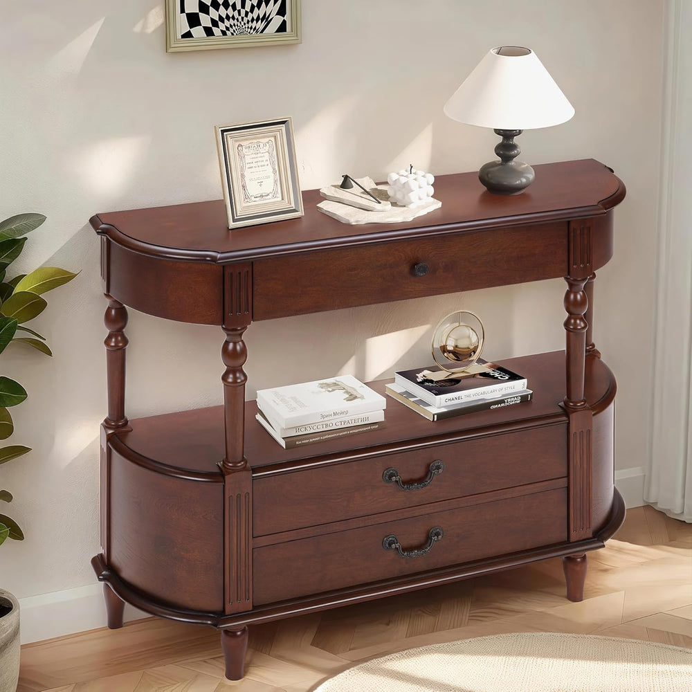 LKTART 43" Half Moon Console Table, Solid Wood Retro Curved Console Tabl...