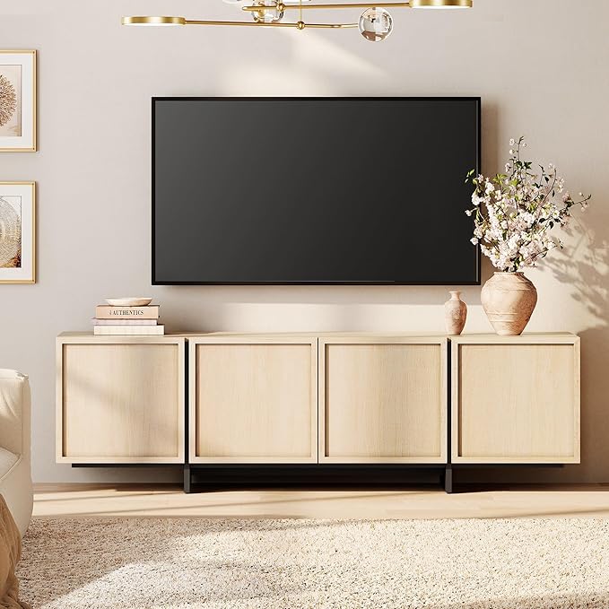 WAMPAT Modern TV Stand for 32-75 inch TVs, Wood Entertainment Center with Storage Cabinets, Media TV Console Table for Living Room, Oak Light Oak