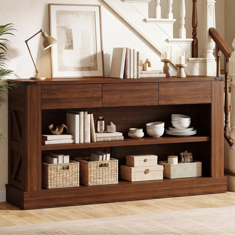 Miereirl 63" Console Table with Drawers & LED Light, Farmhouse, Waln...