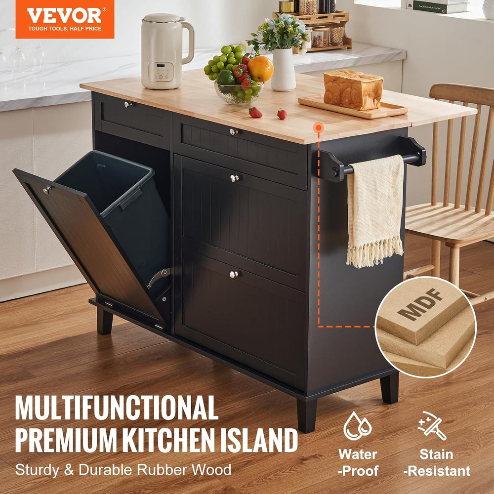 VEVOR Kitchen Island Cart, 50" Wood Top Breakfast Bar with Trash Cabinet...