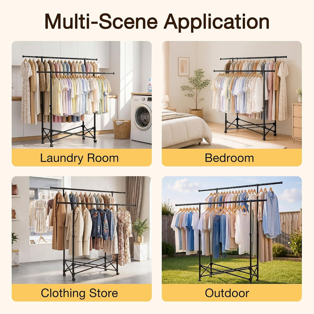 No-assembly Clothes Rack，Double Rod 59-Inch Rolling clothing rack