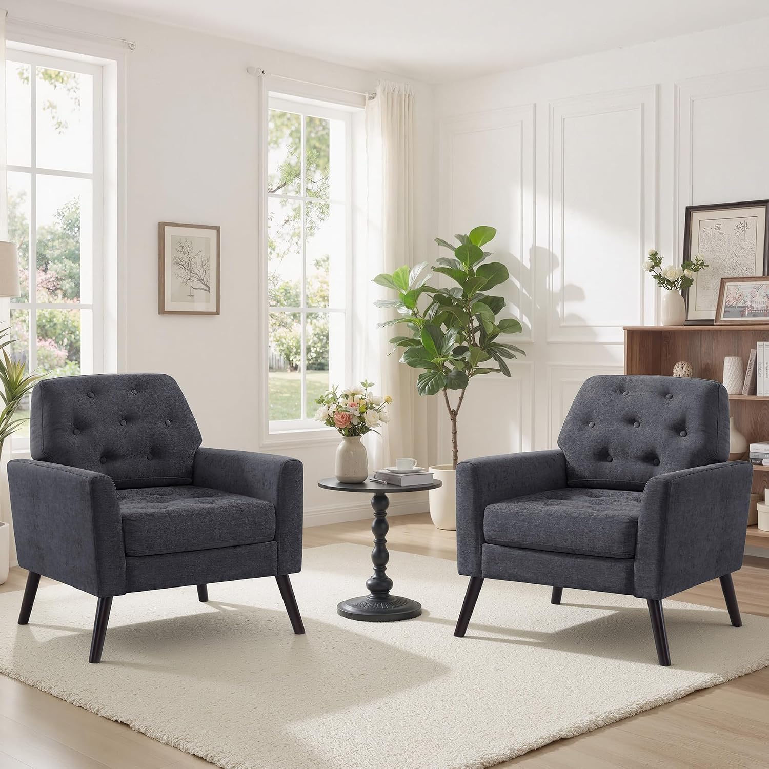 Accent Chair for Living Room, Mid Century Modern Reading Chair, Upholstered Armchair with Tufted Back & Wood Legs, Single Sofa Side Chair for Bedroom Small Room Office Apartment, Dark Grey
