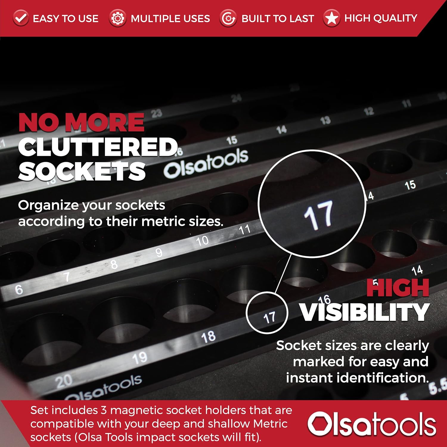 Olsa Tools Magnetic Socket Organizer | 3 Piece Socket Holder Kit | 1/2-Inch, 3/8-Inch, & 1/4-Inch Drive | Metric Black | Holds 75 Sockets | Professional-Grade