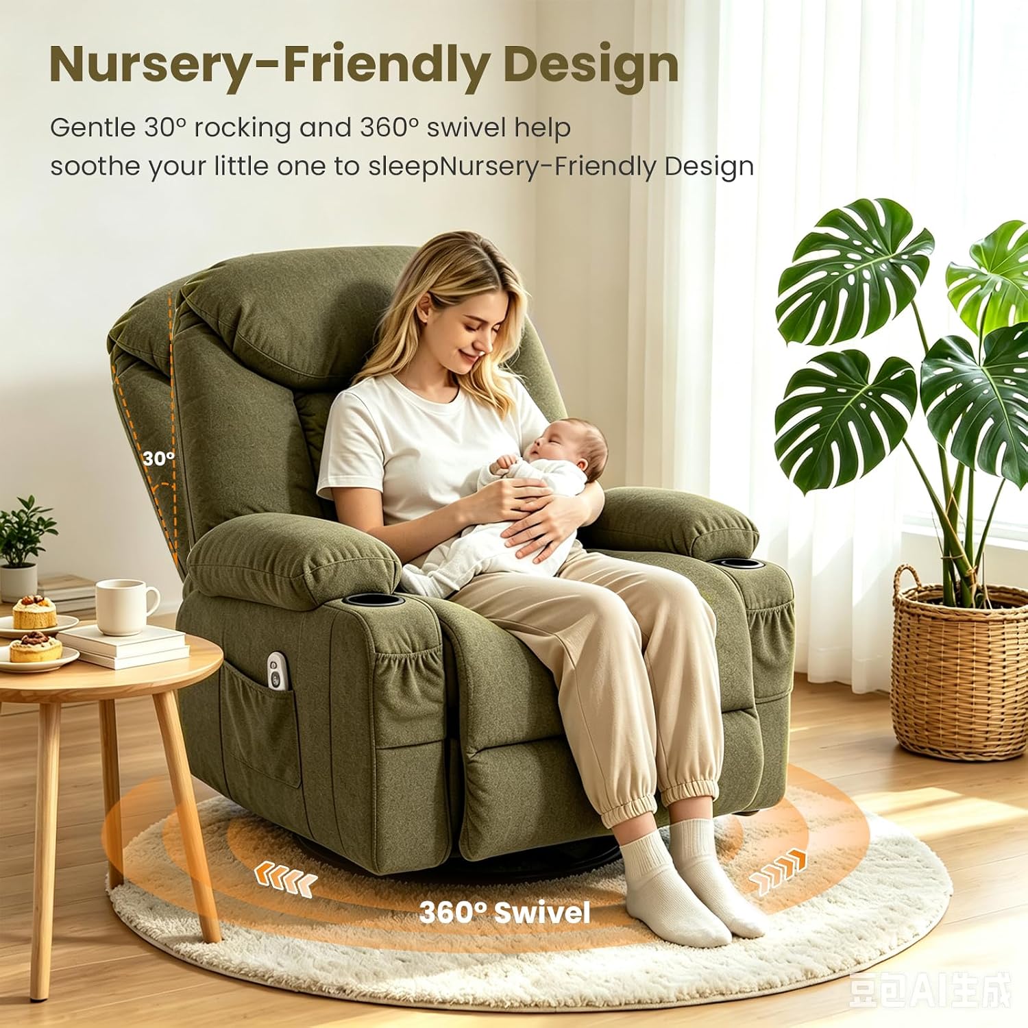 Oversized Massage Swivel Rocker Recliner Nursery Rocking Glider Chair Green | Fabric Manual Recliner with Heat Massage, Overstuffed, Cup Holders, USB Charging Port, Nursery Glider Chair