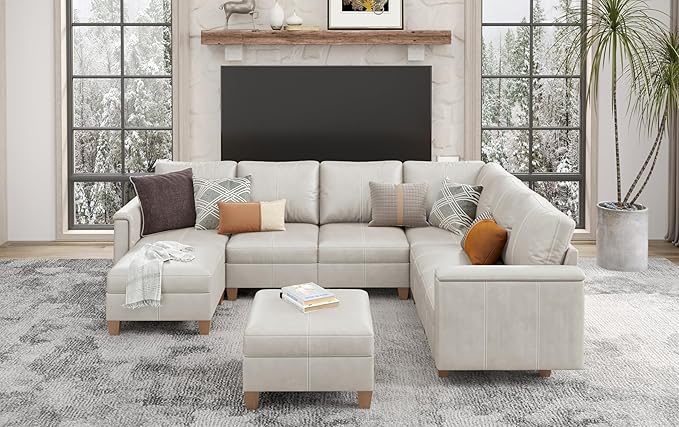 SITJOY 118" Faux Leather Modular Sectional Sofa with Storage, Mid Century Modern Sectional Couches for Living Room, 6 Seater V Shaped Couch with Chaise, Greige