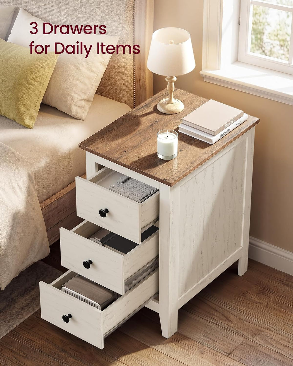 VASAGLE Side End Table with 3 Storage Drawers, Nightstand Farmhouse
