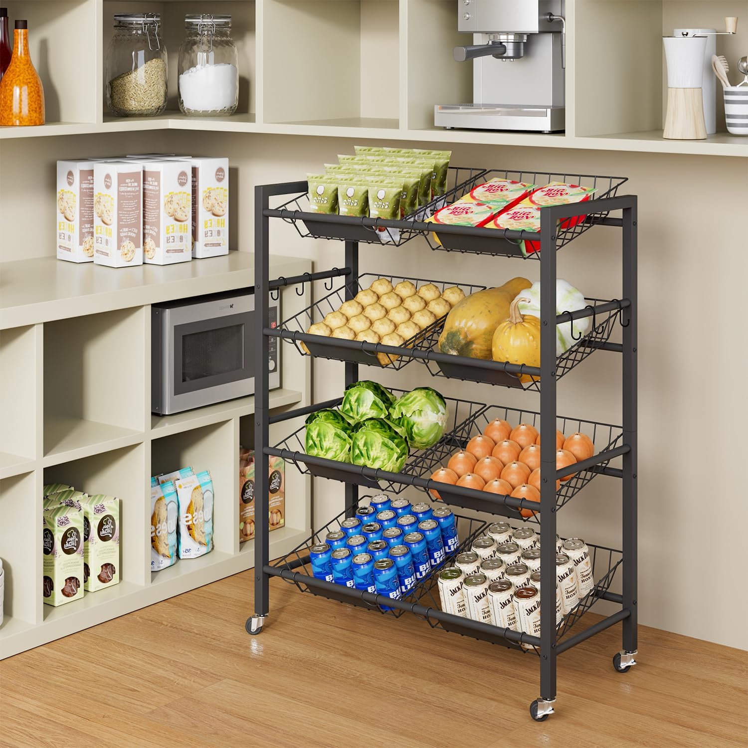 IBUYKE Kitchen Fruit Vegetable Storage Cart,Utility Cart,Black,TLJ025B | 25.2" W Metal Rolling Snack Cart with 8 Removable Basket,Pantry Cart with Wheels for Veggie Onion Potato Bin
