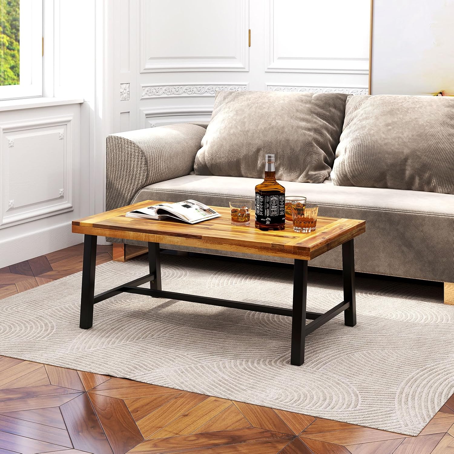 Tangkula Outdoor Acacia Wood Coffee Table, Rectangle Rustic Accent Table with Thickened Top & Heavy-Duty Metal Legs, for Patio, Deck, Garden, Natural