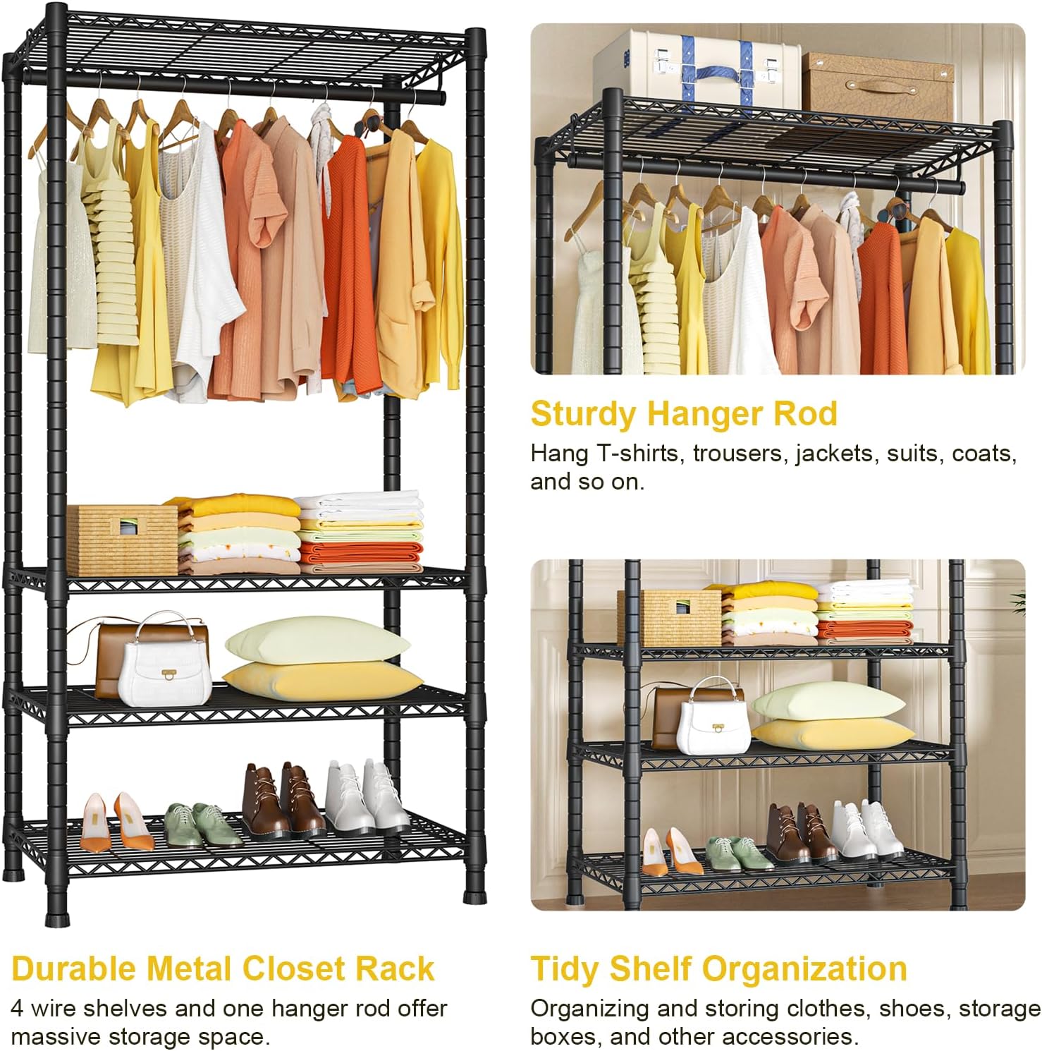 Ulif H2 Heavy Duty Clothes Rack, Freestanding 4 Tiers Garment Rack for Hanging Clothes with Shelves and Hangers, Closet Organizers and Storage Metal Closet Wardrobe System, Max Load 500 LBS, Black