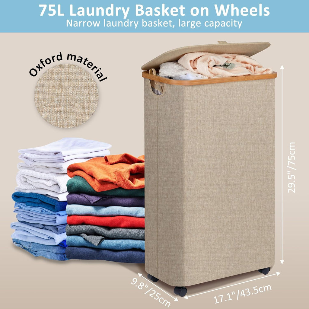 efluky Laundry Basket with Wheels, Tall Rolling Laundry Hamper with Lid and Removable Bag, Aesthetic Dirty Clothes Hamper on Wheels for Laundry Room, Bedroom, Dorm and Bathroom, 75L Oatmeal