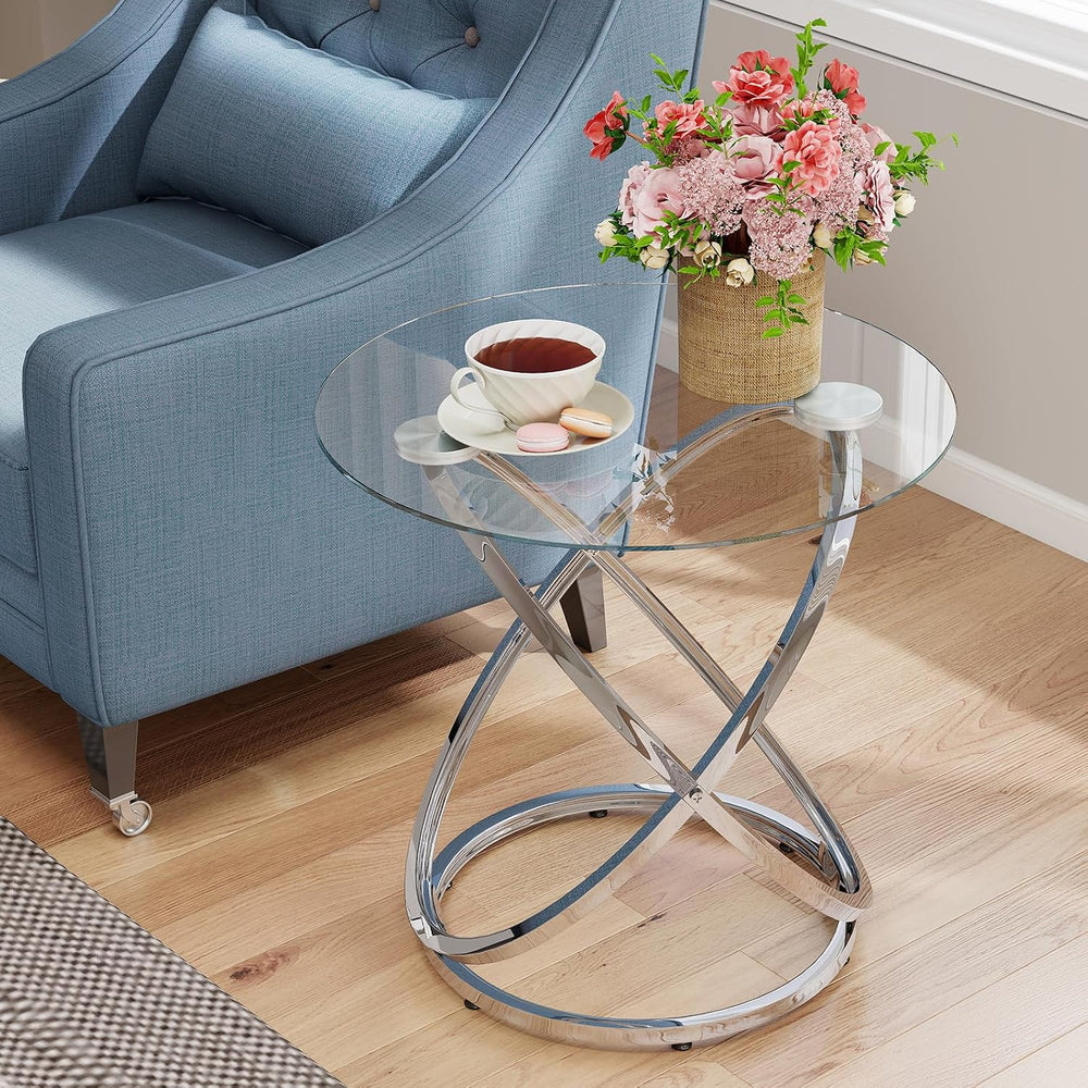 OIOG Glass Round End Table, Modern Contemporary Side Table for Small Space wi...
