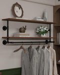 Clothes Rack 42in, 2 Tier Wall Mounted Garment Rack with Real Wood Shelf, Heavy Duty Hanging Clothes Rack, Multi-Purpose Hanging Rod, Space-Saving Closet Storage