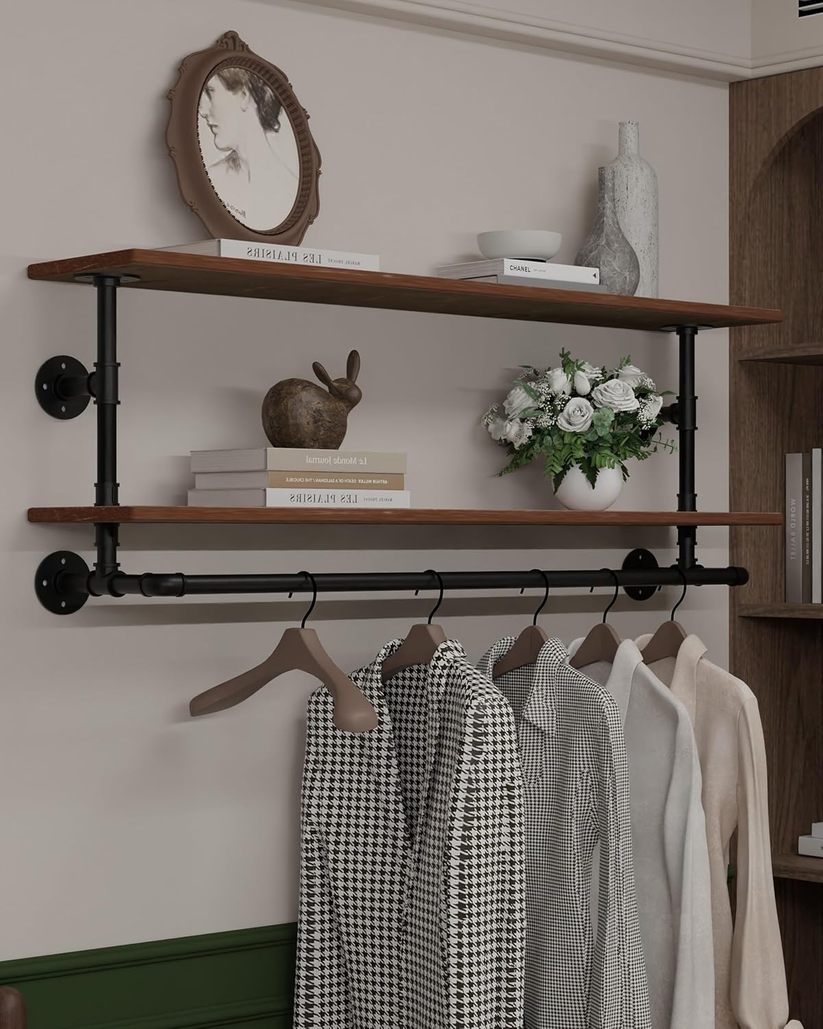 Clothes Rack 36in, 2 Tier Wall Mounted Garment Rack with Real Wood Shelf, Heavy Duty Hanging Clothes Rack, Multi-Purpose Hanging Rod, Space-Saving Closet Storage