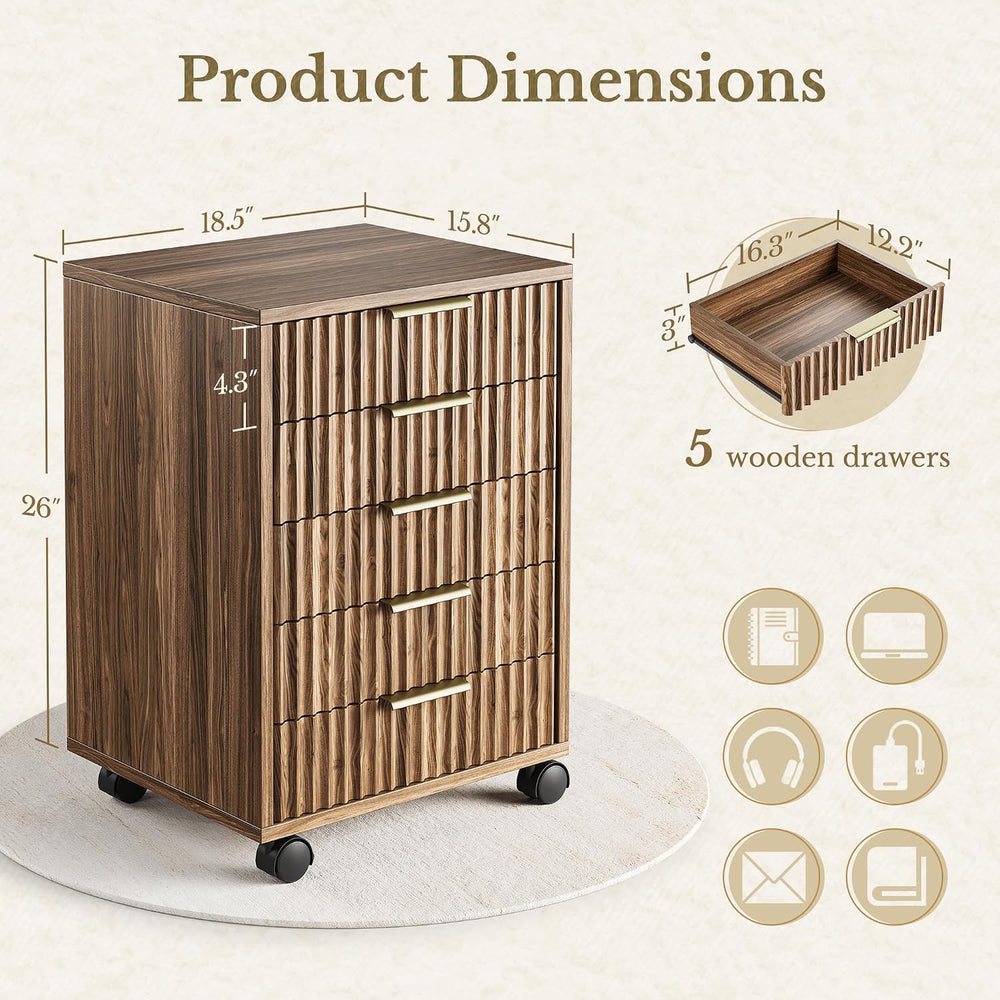 5 Drawer Chest, Under Desk Storage Wood Drawers with Wheels, Fluted File Cabi...