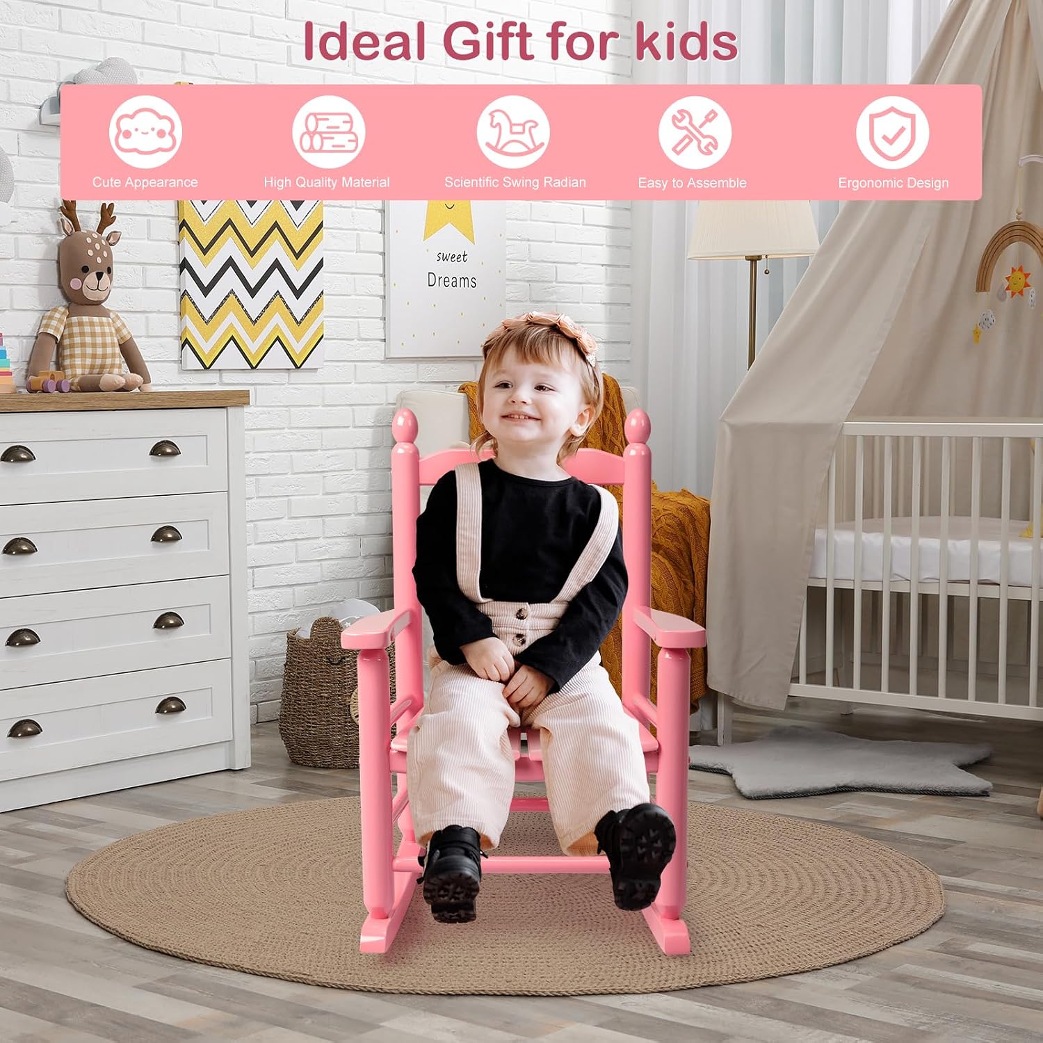 Kids Rocking Chair, Design Support Ages 3-6 for Outdoor, Pink | Solid Wood Toddler Baby Rocker, High Backrest & Rounded Armrests and Ergonomic, Living Room or Reading Room Use