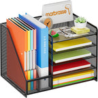 Marbrasse Desk Organizer with File Holder, 5-Tier Paper Letter Tray Organizer, Mesh Desk Organizers and Accessories with Magazine Holder, Desktop Storage for Office Supplies (Black)