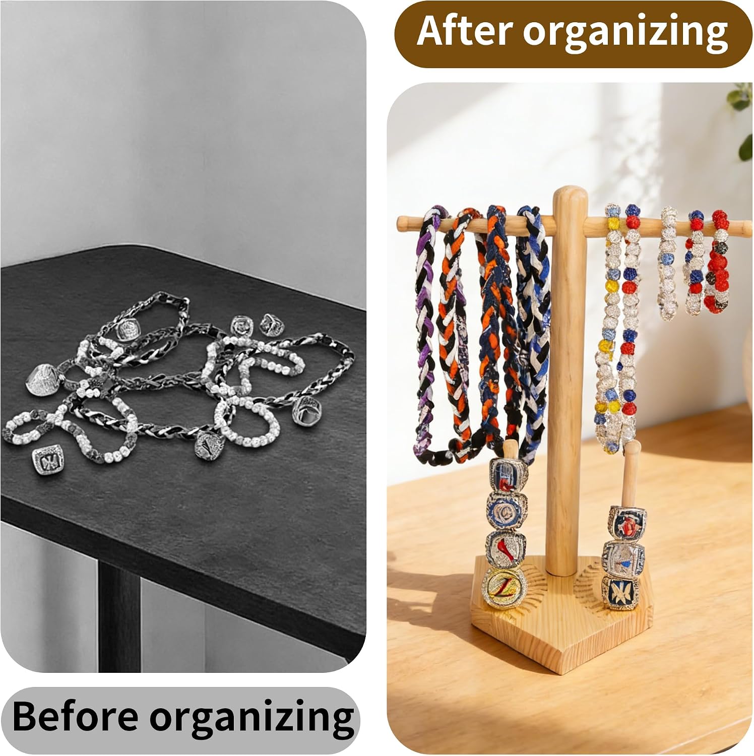 Baseball Ring Display Holder for Championship Rings, Wooden Sports Jewelry Organizer with Bat Stand for Baseball Softball Players, Athlete Gift Display Case for Rings Bracelets Medals, wood color