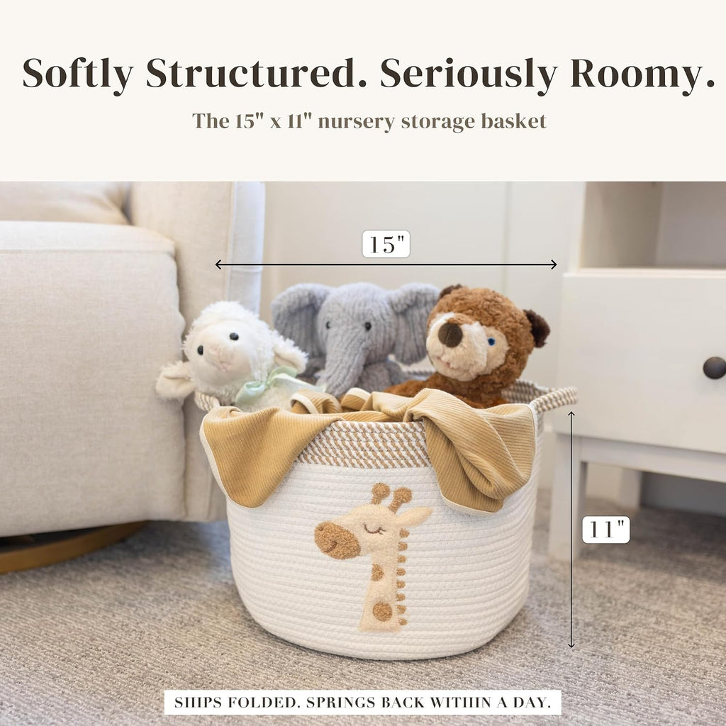 Giraffe Baby Storage Basket, Woven Cotton Rope Nursery Bin, 15x11 in | Stuffed Animal and Blanket Storage, Soft Felt Giraffe Patch, Safari Nursery Decor, Baby Shower, Kids Playroom Organizer