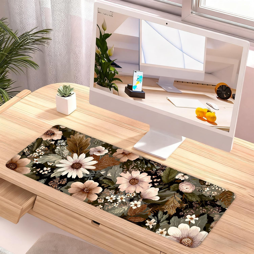Vintage Beige Floral Mouse Pad – Large Extended Desk Mat 31.5 x 11.8 in– Neutral Retro Botanical Design, Non-Slip Rubber Base, Waterproof Surface, Oversized Keyboard & Mouse Pad for Office or Home
