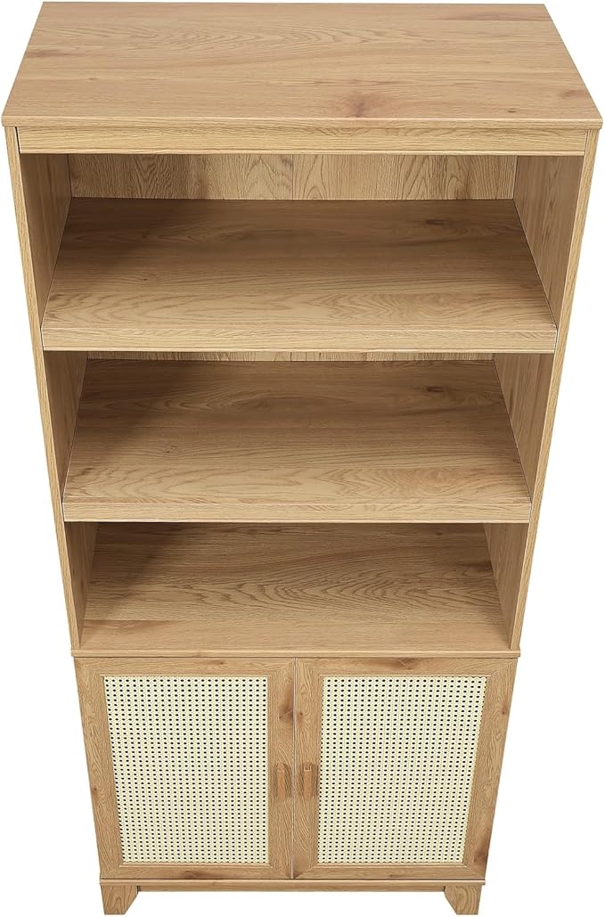 Manhattan Comfort Sheridan Modern Cane Bookcase with Adjustable Open Shelves, Soft Close Doors, and Concealed Compartments, Versatile 3 Tier Bookshelf Storage for Home and Office, Set of 1, Nature
