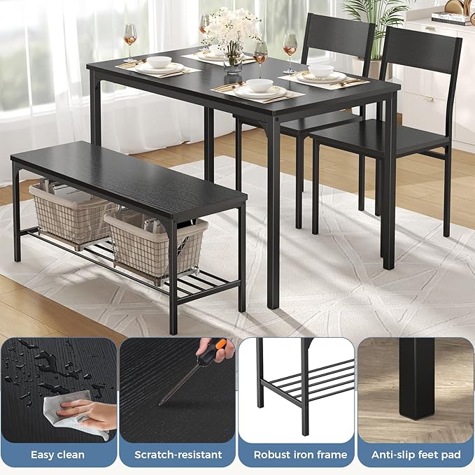 DUMOS Dining Table Set, Dining Table for 4 with Bench, Kitchen Table, Space-Saving Ideal 4-Person Set for Dining Room Kitchen Apartment Corner Black 4 Pack