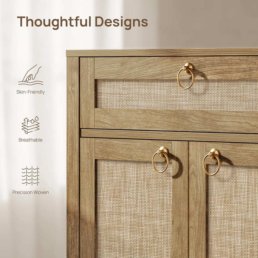 SICOTAS Rattan Sideboard Buffet Cabinet with Open Storage - Large Farmhouse C...