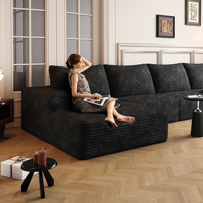 135" Oversized Compressed Sectional Sofa - 33D High-Density Foam Cloud Couch with Deep Seat - Minimalist 3-Piece Corduroy Upholstered Boneless Modular Lounge Couch | Breathable material, Full Foam, Anti-slip